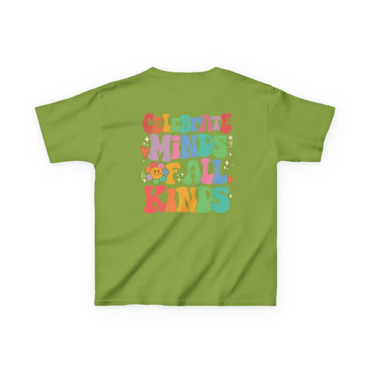No tag autism & sensory friendly Kids Sloth Tee - ’celebrate minds of all kinds’ - Fun Cotton T-Shirt - XS / Kiwi